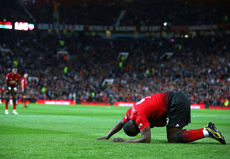 Romelu Lukaku's reaction after missing a chance during the Premier League match between Manchester United and the Spurs