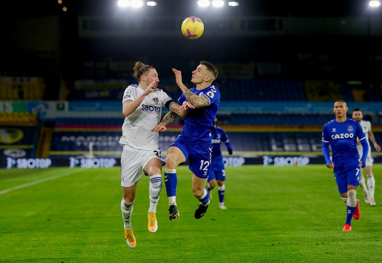 Everton’s Lucas Digne battling it out against Leeds United in the Premier League