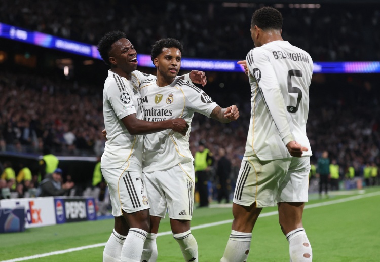 欧冠联赛 皇马率先由罗德里戈破门，他接应贝林厄姆传球后成功得分，打破持续1432分钟的个人进球荒。